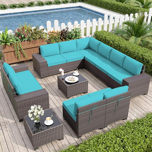 Kurapika 12 Pieces Patio Furniture Set, Rattan Wicker Outdoor Conversation Sets w/4 Inch Cushion and Glass Coffee Table(Blue)