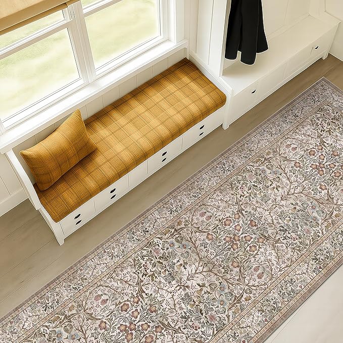 Moss Green 2'6" x 8' Runners for Hallways Non Slip, Extra Long Floor Runner for Kitchen, Entryway Indoor, Washable Rubber Backing Stain Resistant - Vintage Taupe Brown Floral Décor