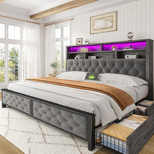EnHomee King Size Bed Frame with 4 Drawers and Upholstered Storage Headboard,Wooden King Bed Frame with Charging Station and LED Lights,NO Noise,No Box Spring Needed,Gray