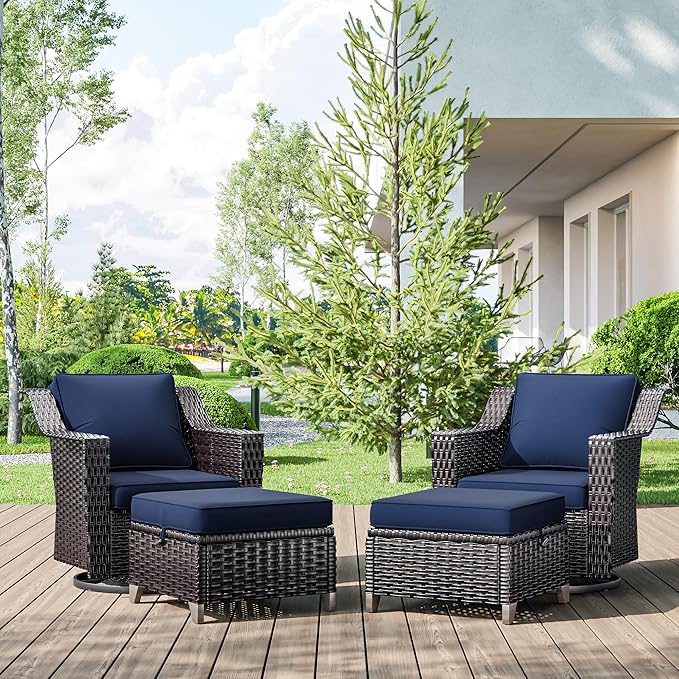 4 Pieces Wicker Patio Furniture, Luxury Outdoor Furniture with 2 Patio Swivel Chai and 2 Patio Ottoman, Wide Armrest, Thickened Cushions, Ideal for Deck, Porch Use
