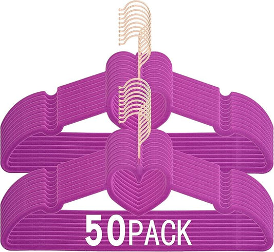 Dark Purple Velvet Hangers 50 Pack, Premium Heart Hanger Non-Slip Felt Hanger, 360° Swivel Rose Gold Hooks, Space Saving Slim Hangar, Durable & Cute Clothes Hanger for Adult