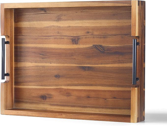 Ottoman Tray, Acacia Wood Serving Tray with Metal Handles, 16.5x12.5in Food Drinks Tray for Coffee Table, Breakfast, Dinner & Bar, Rustic Decorative Storage Tray for Ottoman, Kitchen, Packaging