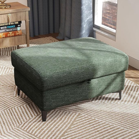 35" Large Storage Ottoman for Living Room, 7.8" Deep Seat Rectangular Ottoman Foot Rest for Couch, Chenille Storage Footstool Load 350 lb （Green）