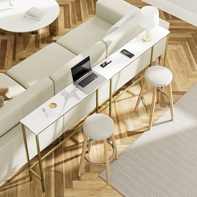 63 Inch Console Table with Power Outlet,Modern Narrow Long Sofa Table Behind Couch,Skinny Entry Table with Gold Metal Frame for Entryway,Living Room, Hallway,Marble White
