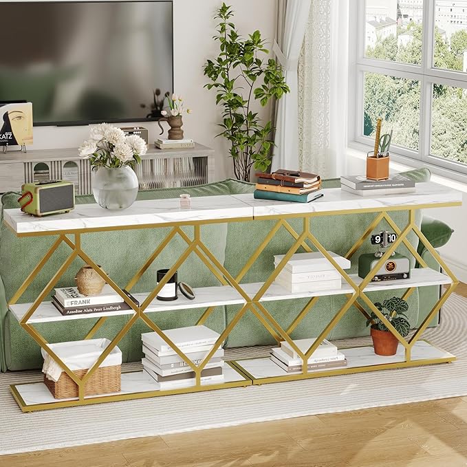 Garvee 3-Tier Entryway Table, Industrial Console Sofa Table with Storage, Accent Table with Open Shelves, Diamond-Shaped Metal Frame, Foyer Table for Entryway, Hallway, White