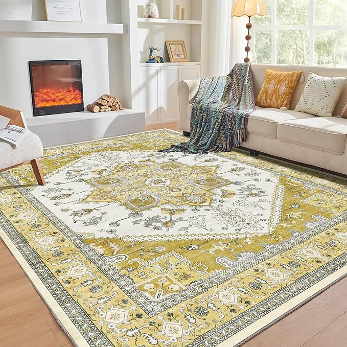 OPPODREAM Thin Area Rugs 5x7, 5x7 Washable Rug with Non Slip Backing, 5 x 7 Faux Cashmere Low-Pile Carpet, Yellow
