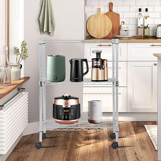 BestOffice | 3-Tier Wire Storage Shelves with Wheels | 23x13x31 | Chrome | Adjustable Racks | Heavy-Duty Metal Shelf, Holds Upto 170 lbs | No-Tool Assembly | Ideal for Home & Garage Shelving