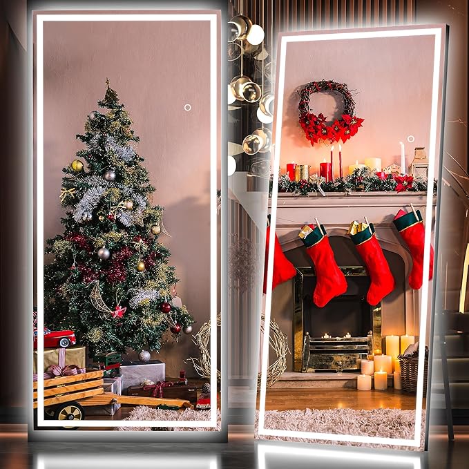 Hasipu Full Length Mirror with Lights, 79" x 32" LED Lighted Floor Standing Mirror, Full Body Dressing Hanging Mounted Mirrors, Dimmable, Tempered Glass, Safe to Use, Square Black