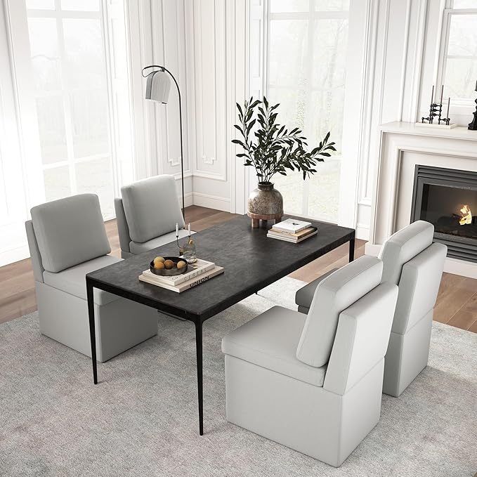 VKNOW Upholstered Dining Chairs Set of 4, Modern Kitchen Chairs with Storage, Linen Armchair Dining Room Chair for Kitchen Dining Room Office Bedroom, Light Grey