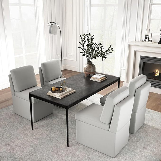 VKNOW Upholstered Dining Chairs Set of 4, Modern Kitchen Chairs with Storage, Linen Armchair Dining Room Chair for Kitchen Dining Room Office Bedroom, Light Grey