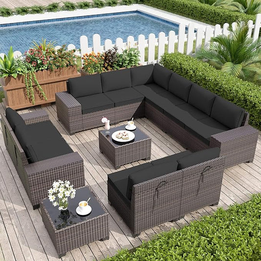 Kurapika 12 Pieces Patio Furniture Set, Rattan Wicker Outdoor Conversation Sets w/4 Inch Cushion and Glass Coffee Table(Black)