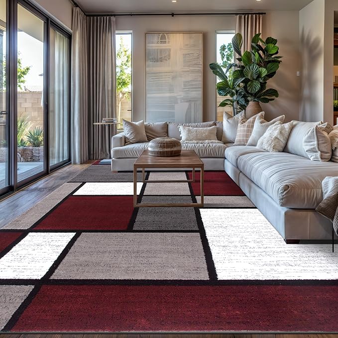 Rugshop Modern Geometric Boxes Red Area Rug, Fade-Resistant Carpet for Living Room, Bedroom, or Family Room, 7'10" x 10'2"