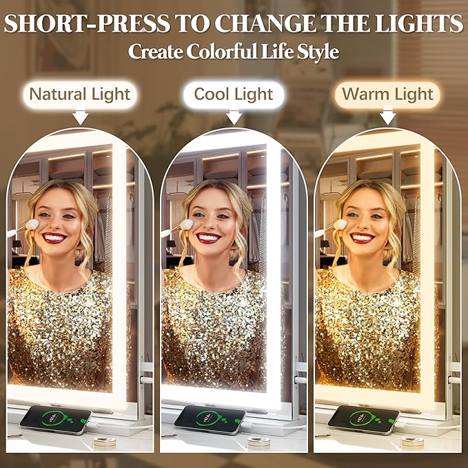 FENNIO Vanity Mirror with Lights 32"x22", Lighted Makeup Mirror, Large Vanity Mirror, Touch Sensor with 3-Color Lighting, USB Charging Port for Vanity Desk（Square White）