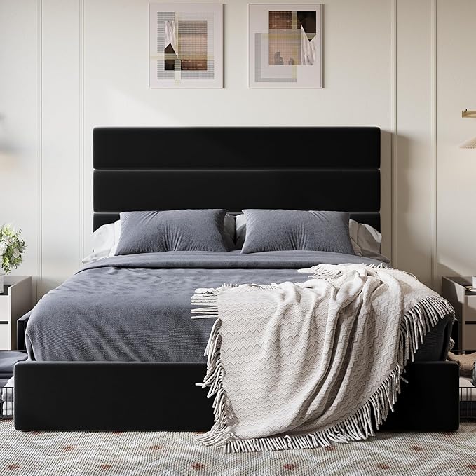 SHA CERLIN Queen Size Platform Bed Frame with 4 Storage Drawers, Velvet Upholstered Headboard, Mattress Foundation with Wooden Slats Support, No Box Spring Needed, Easy Assembly, Black
