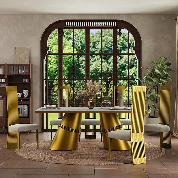 Brushed Gold Dining Chair Set of 8, High Back Kitchen Chairs,Modern Luxury Dining Chairs with Upholstered Padded Seat and Sturdy Metal Legs for Dining Room Kitchen Bedroom