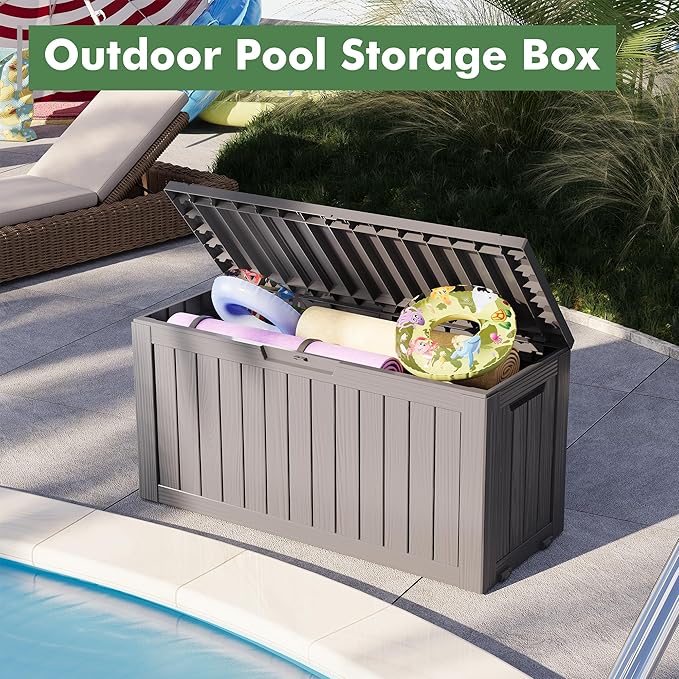Outdoor Storage Box, Resin Deck Boxes Indoor and outdoor, Waterproof Storage Box Lockable Lid (Grey, 73 Gallon)