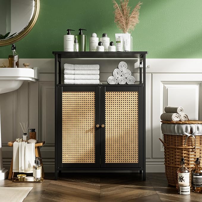 Bamboo Floor Rattan Cabinet, Bathroom Storage Organizer Rack with 2 Doors and 1 Shelf, Space Saving Wood Kitchen Cupboard, Hallway Side Table, Living Room Freestanding Stand (Black)