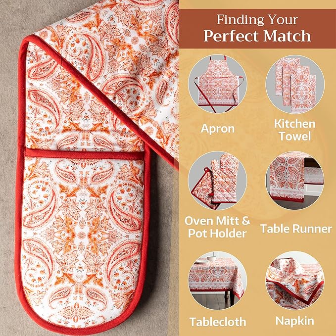 Maison d' Hermine Double Oven Mitt (7" x 35") 100% Cotton Heat Resistant BBQ Cooking Gloves with Loop for Thanksgiving Christmas Decorations Baking Cooking Barbeque Handling Hot Pan (Orient)