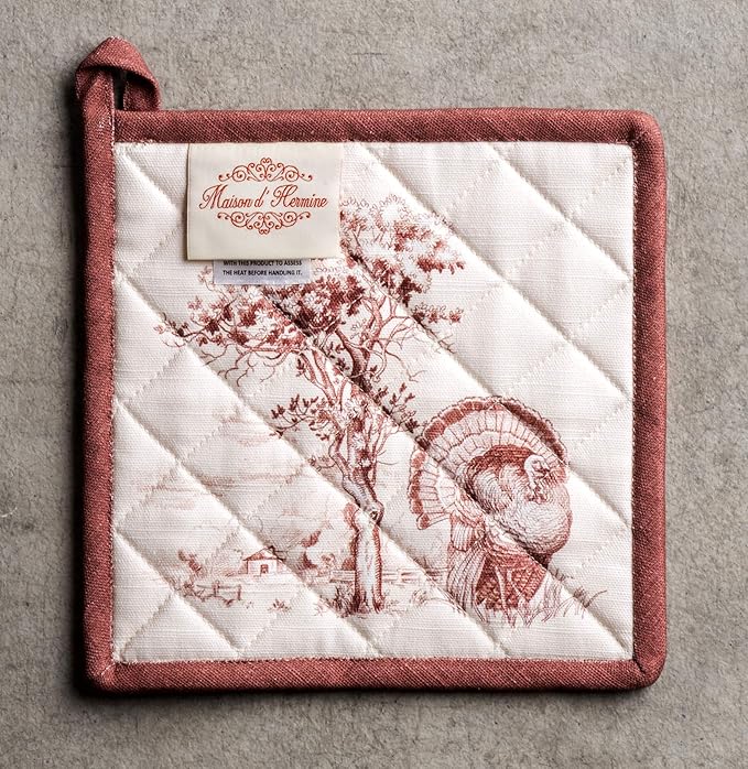 Maison d' Hermine Pot Holders 100% Cotton Heat Resistant Potholders 8" x 8" Hot Pads with Loop for Thanksgiving Christmas Decorations BBQ Cooking Handling Hot Pans (Pack of 1, Holy Jouy - Brown)