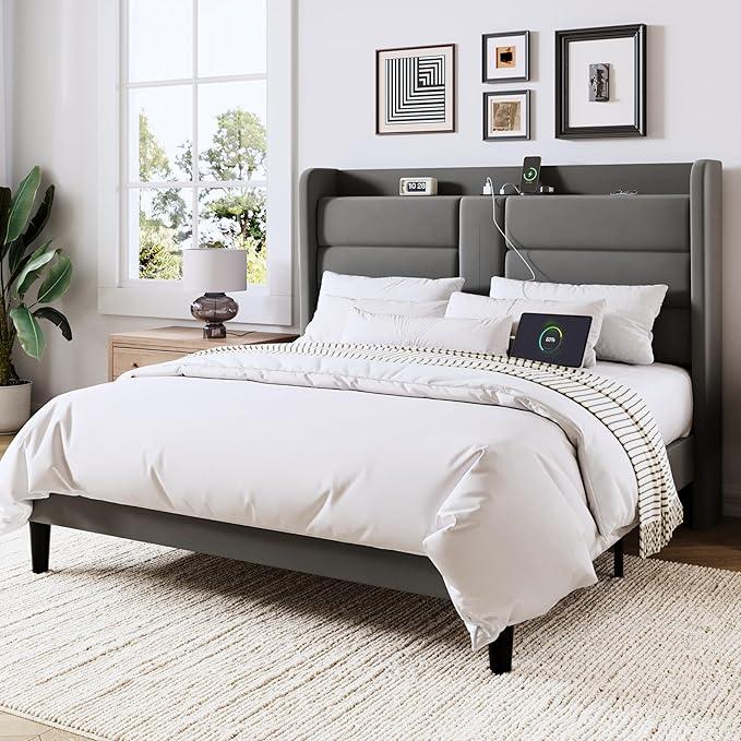 Allewie Queen Size Platform Bed Frame with Charging Station & Storage Headboard, Upholstered Velvet Wingback Design & USB Port, Strong Wooden Slats Support, No Box Spring Needed, Easy Assembly, Grey