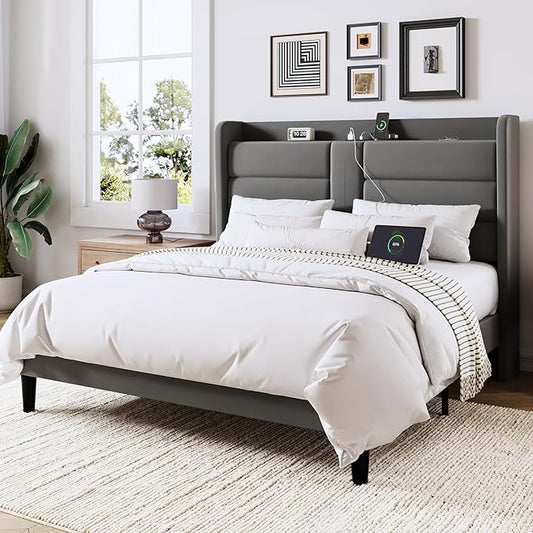 Allewie Queen Size Platform Bed Frame with Charging Station & Storage Headboard, Upholstered Velvet Wingback Design & USB Port, Strong Wooden Slats Support, No Box Spring Needed, Easy Assembly, Grey