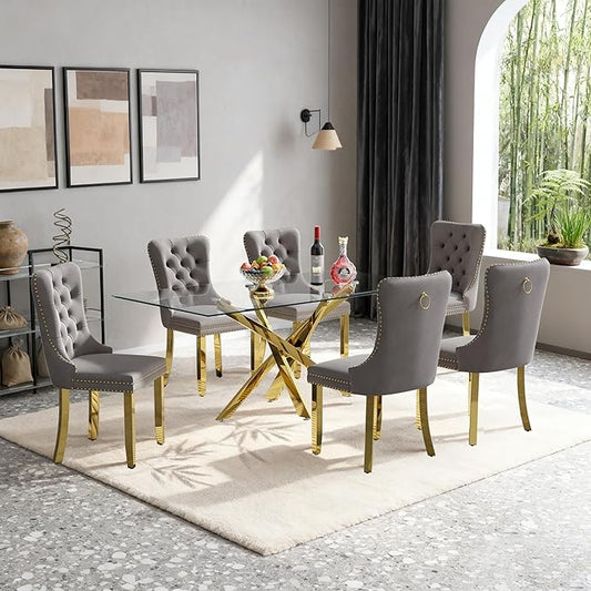 Goujxcy 51" Glass Dining Table Set for 6, Modern Kitchen Table and Chairs Set w/Steel Legs, 7-Piece Dining Table Set w/Glass Gold Dining Table and 6 Grey Velvet Chairs for Kitchen Dining Room