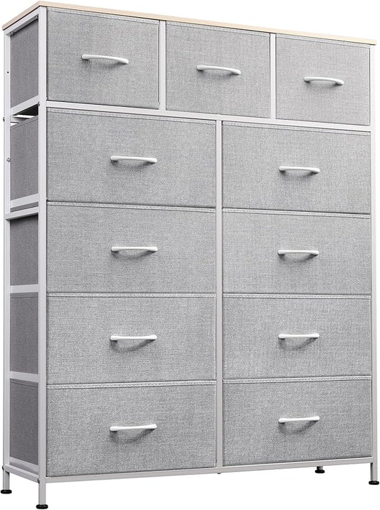 WLIVE Storage Organizer Unit with 11 Fabric Bins, Storage Drawers Organizer with Steel Frame, Tall Storage Tower Organizaton for Living Room, Hallway, Office, Light Grey