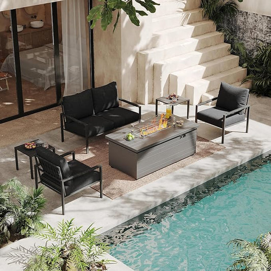 Metal Patio Furniture Set with 51inch Grey Fire Pit Table, 6-Piece Modern Outdoor Conversation Set with 6-Inch Thick Cushions, Outdoor Furniture Set for Garden, Backyard, Balcony, Poolside (Dark Grey)