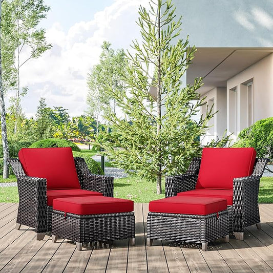 4 Pieces Wicker Patio Furniture, Luxury Outdoor Furniture with 2 Pieces Patio Rattan Chair, 2 Patio Ottoman, Wide Armrest, Thickened Cushions, Ideal for Deck, Porch Use