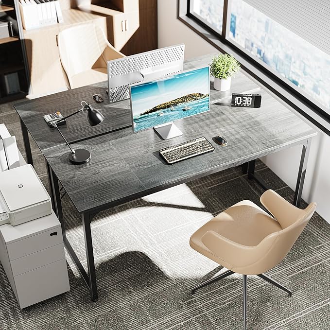 Huuger Computer Gaming Desk, 63 Inch Office Desk with Storage, Writing Work Surface for Home Office, Study, Modern Simple Style, Large Legroom, Metal Frame, Grey