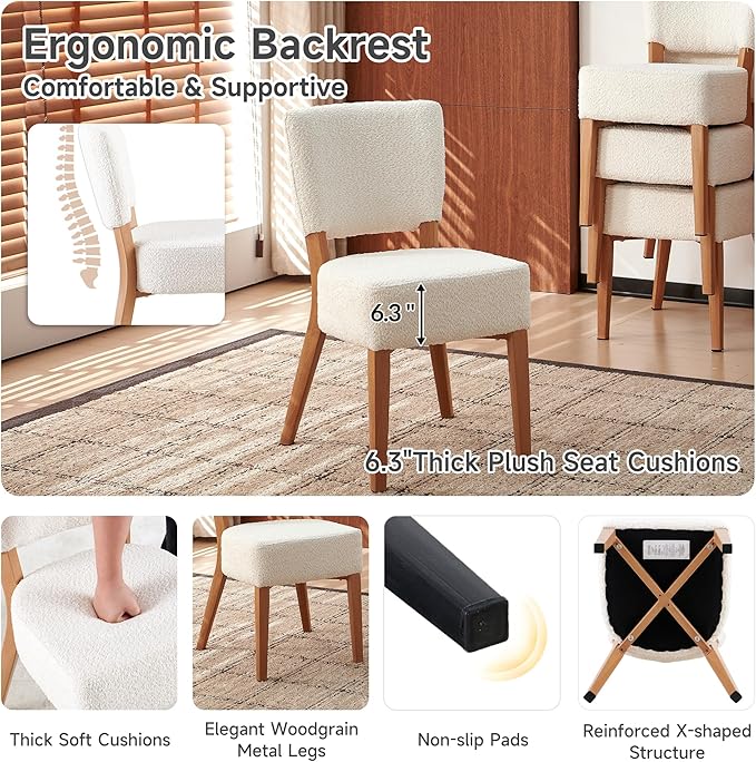 Howtek Modern Dining Chairs Set of 4 with 6.3" Thick Seat Cushions, Space-Saving Stackable Upholstered Kitchen Chairs, Ergonomic Backrest & Wood Grain Metal Legs, White