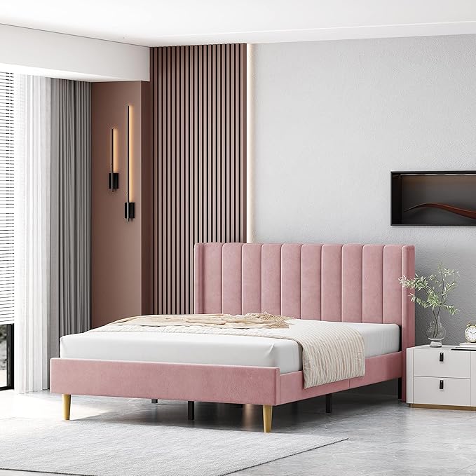 Queen Size Upholstered Platform Bed Frame with Modern Wingback & Vertical Panel Headboard, Velvet Fabric, Wooden Legs & Slats Support, No Box Spring Needed, Noise-Free & Easy Assembly, Pink