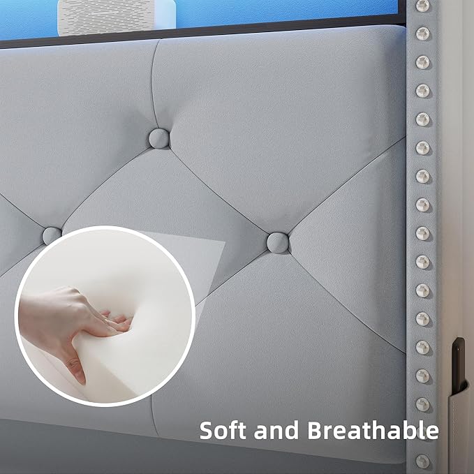 BRELTAM Bed Frame Queen Size with 4 Storage Drawers Upholstered Velvet Bed Frame with LED and Charging Station,Platform Bed Frame with Headboard Heavy Duty Wood Slats,Noise Free,Bluish Grey