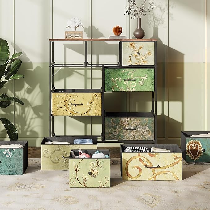 WLIVE Storage Organizer Unit with 11 Fabric Bins, Storage Drawers Organizer with Steel Frame, Tall Storage Tower Organizaton for Living Room, Hallway, Office, Floral Painted