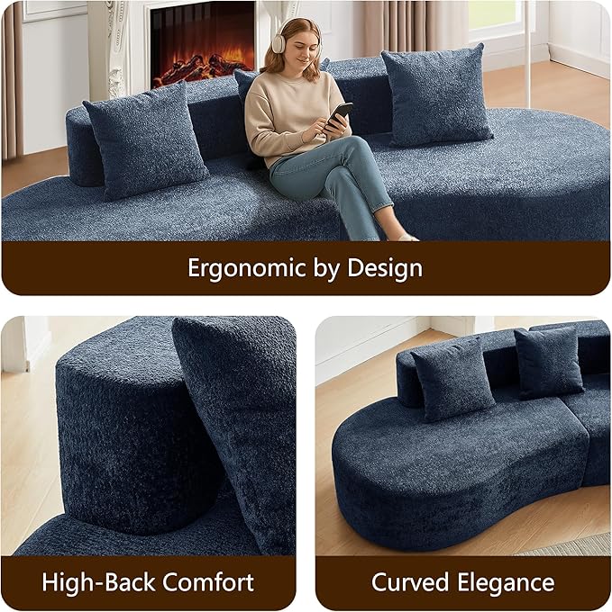 109'' Curved Couch, Mid Century Modern Half Moon Sofa, Luxury 3-Seat Couch with High-Density Foam Filled, Raindrop Velvet Fabric Sectional Sofa for Living Room, Apartment, Office, Blue