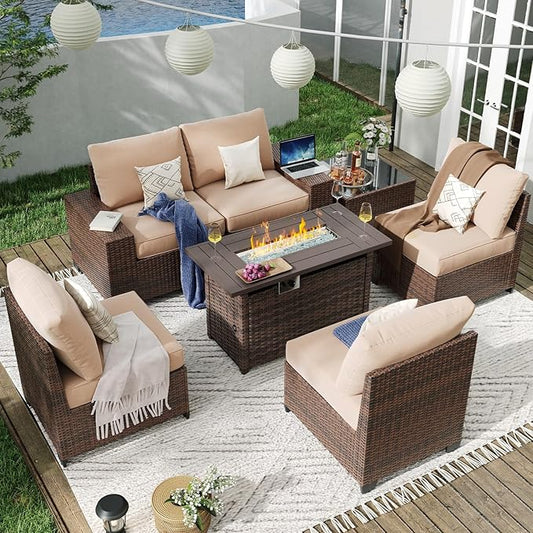 Aoxun 7 Pieces Patio Furniture Set with 44” Fire Pit Table Wicker Rattan Outdoor Sectional Conversation Set with Coffee Table and 4” Thickened Cushions, Beige (Waterproof Cover Included)