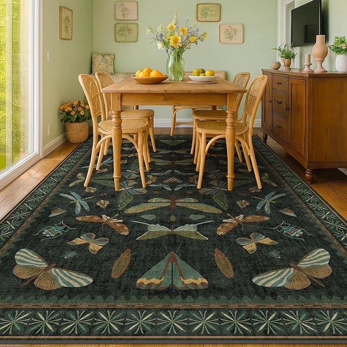 6x8 Dark Green Washable Dining Room Rug - Vintage Area Rug for Living Room, Bedroom Under Bed Low Pile & Soft, Insect Moth Floral Non Slip Low Pile Floor Carpet