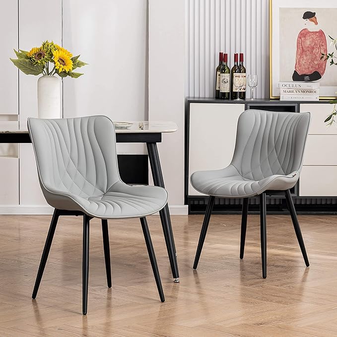 YOUTASTE Dining Chairs Set of 2, Mid Century Modern Upholstered Faux Leather Kitchen Room Chairs, with Black Metal Legs, Armless Accent Chair for Living Room, Bedroom, Vanity, Grey