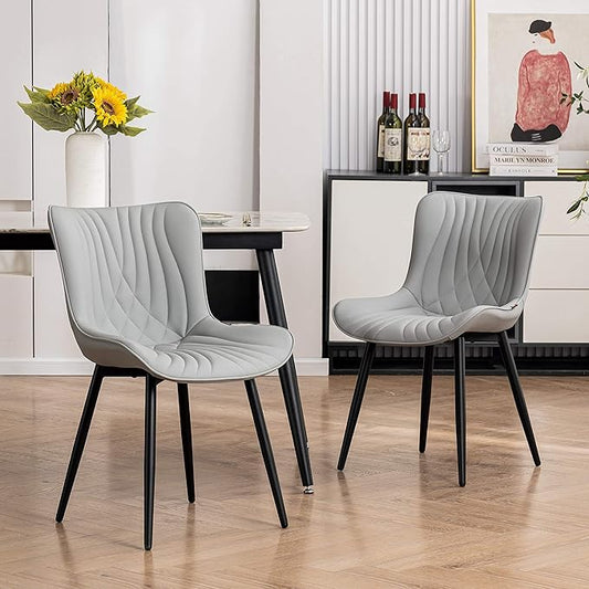 YOUTASTE Dining Chairs Set of 2, Mid Century Modern Upholstered Faux Leather Kitchen Room Chairs, with Black Metal Legs, Armless Accent Chair for Living Room, Bedroom, Vanity, Grey