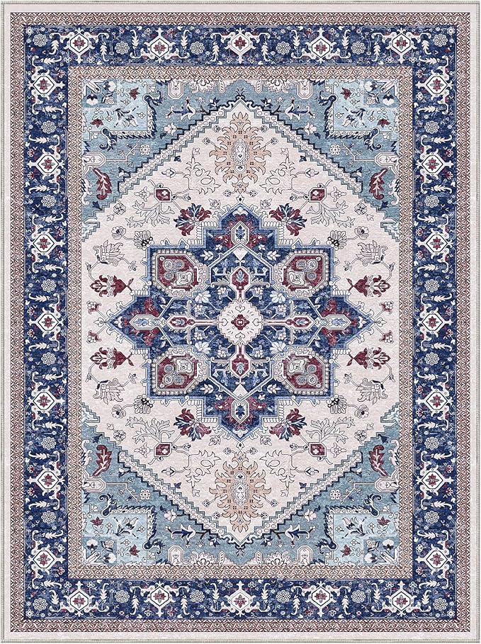 OPPODREAM Thin Area Rugs 9x12 Living Room, Washable Rugs 9x12 with Non Slip Backing, Faux Cashmere Low-Pile 9 x 12 Carpet, Navy Blue & Red & Cream