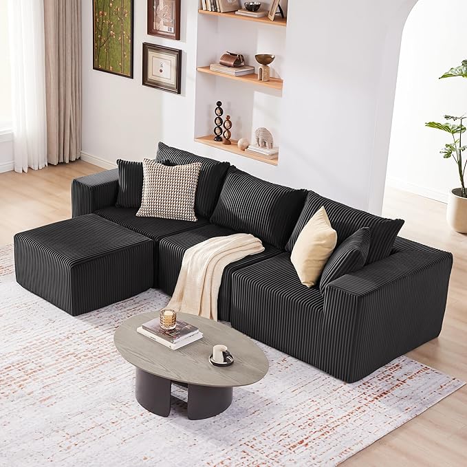 107.4" Cloud Couch Sectional, Modular Sofa with Deep Seat, Plush Corduroy L Shaped Boneless Couch, Convertible Sectional Couches for Living Room, 4Seat, Black