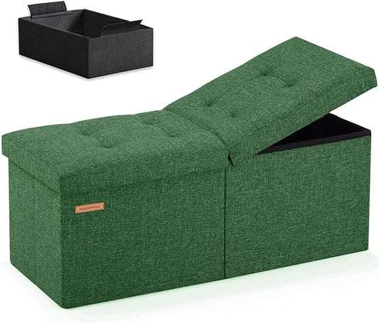 HAUSFRAU 31.5 Inches Ottoman with Storage Bench, Folding Ottoman Bench Small Foot Rest Stool, Bedroom Bench with Flipping Lid, Linen Green
