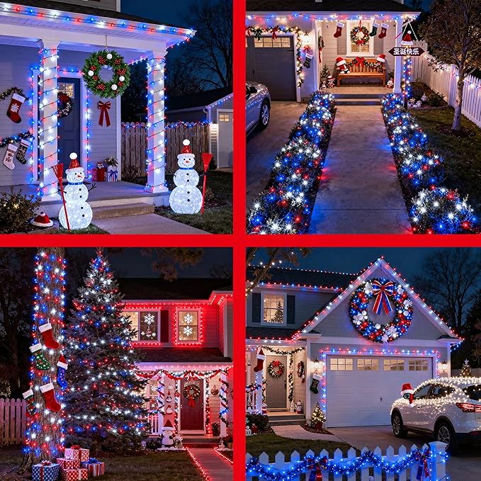 470FT 1500LED Christmas Lights, 12 Modes Red Blue and White Outdoor String Lights with Timer & Dimmable, Waterproof Green Wire Christmas String Lights for Indoor Tree Xmas Patio Fence Wedding Party