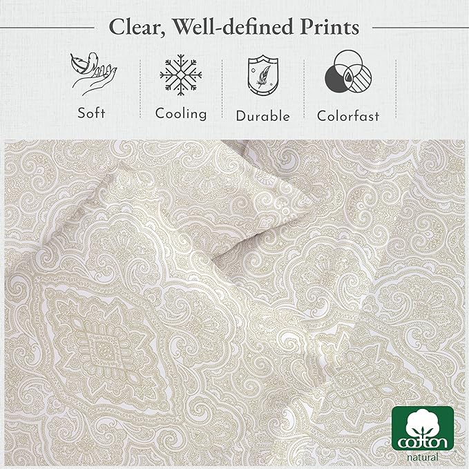 California Design Den California King Sheet Sets - 400 Thread Count Sateen, Natural 100% Cotton Sheets Set, Deep Pocket Cooling and Durable Bedding - Paisley Pattern, Beige