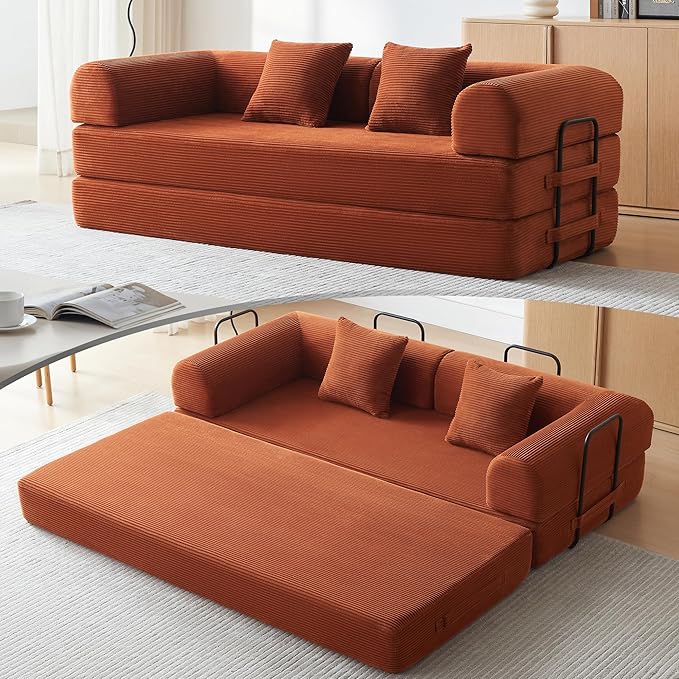 Convertible Sleeper Sofa Bed with Cylindrical Pillow, Modern Corduroy Futon Bed, Modular Sofa with Pull-Out Bed, Love Seat Sleeper for Living Room, Small Space Apartment, Office (Orange)