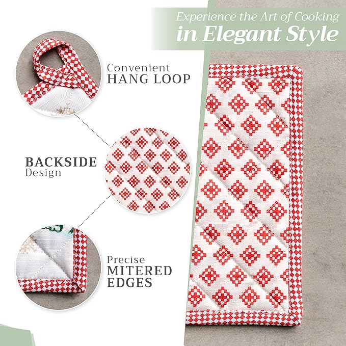 Maison d' Hermine Pot Holders Set 100% Cotton Heat Resistant Potholders 8" x 8" Hot Pads with Loop for Thanksgiving Christmas Decorations BBQ Baking Handling Hot Pans (Pack of 2, Rural Christmas)