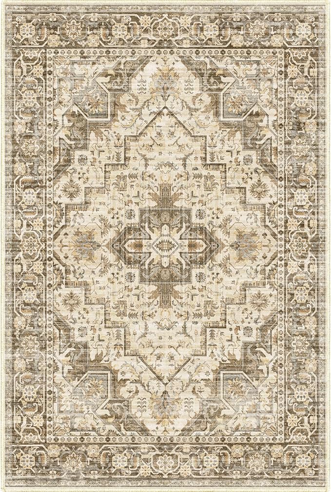 Area Rug 2x3 Washable Door Mat, Vintage Distressed Rug Indoor Entrance Traditional Thin Rug, Floral Print Non Slip Carpet for Kitchen Bathroom Bedroom Living Room (Brown, 2X3)