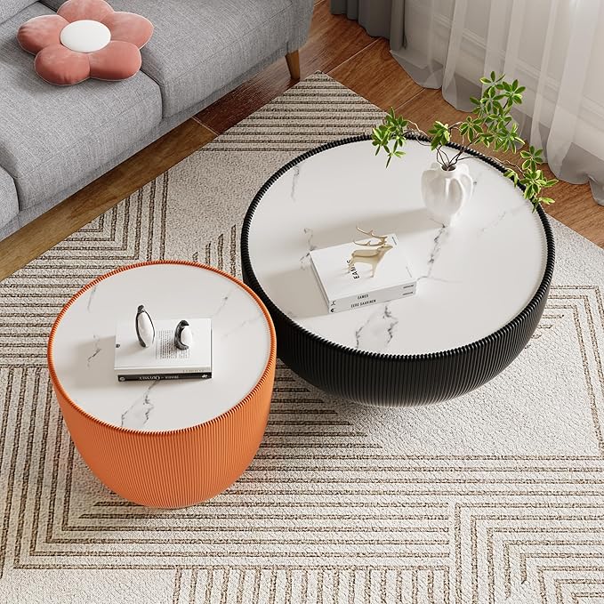 Orange Round Coffee Table with Sintered Stone Tabletop, 19.69 Drum Coffee Table with Fluted PU Leather Covered and Metal Base, Circle Cocktail Tea Table for Living Room