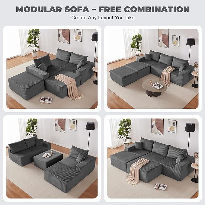 108” Modular Sectional Couches, Cloud Sectional Couch with Deep Seat, Modern Modular L-Shape Sofa with Chaise,Upholstered Boneless Sofa for Living Room (Corduroy, Grey)