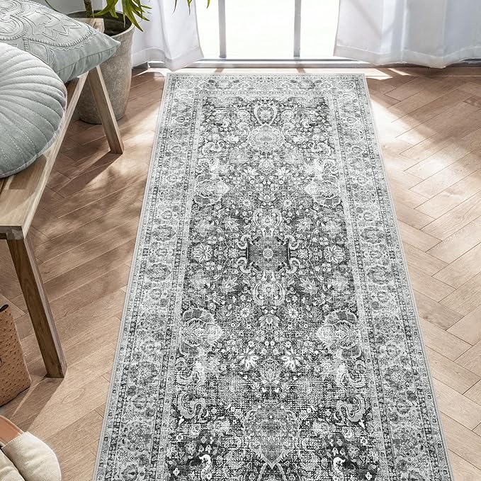 Washable Non-Slip Cream Rug - 3x8 Kitchen Runner with Non-Shedding, Boho Distressed Carpet for Hallways & Bedroom Vintage Grey